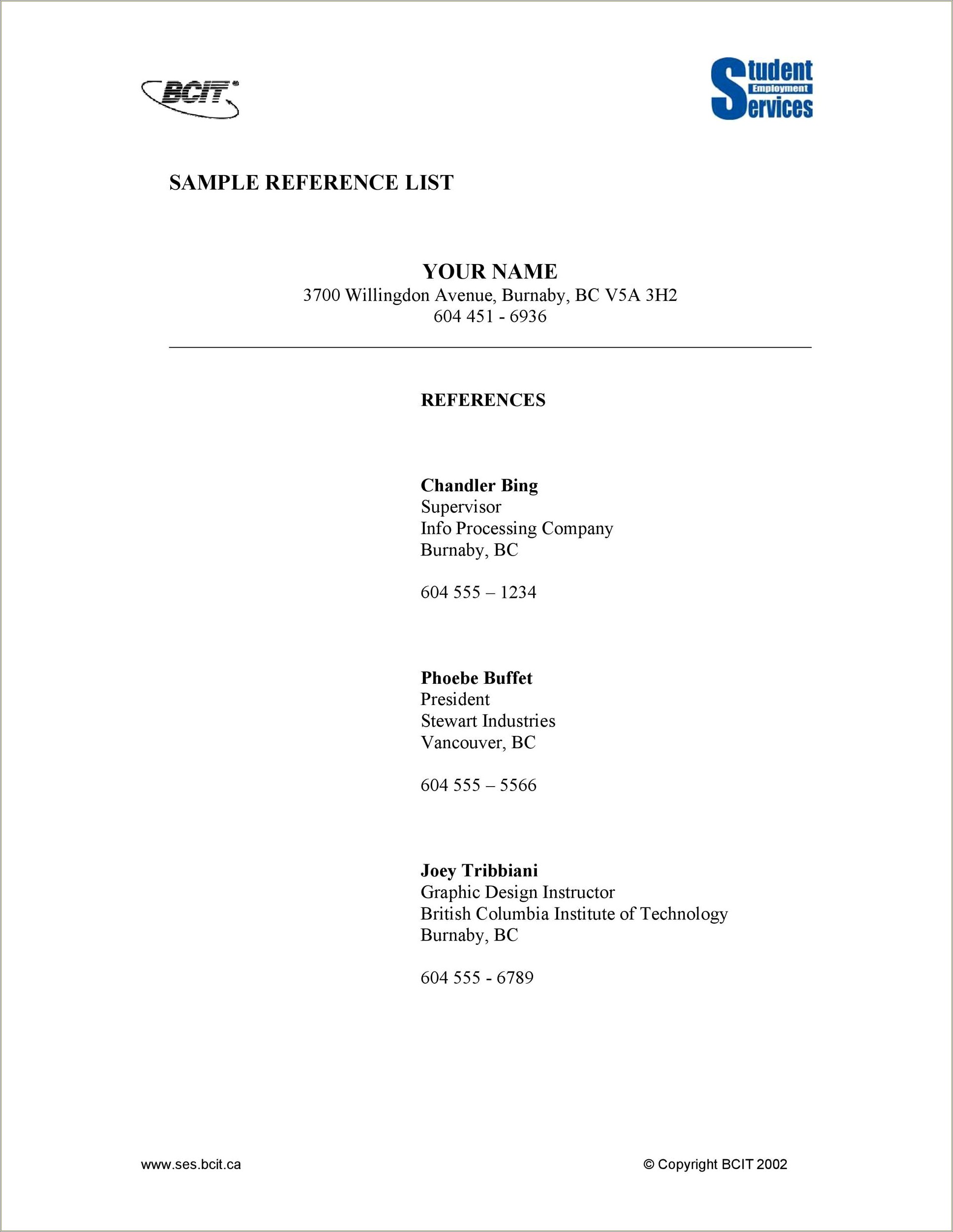 Resume Reference Page Format Sample