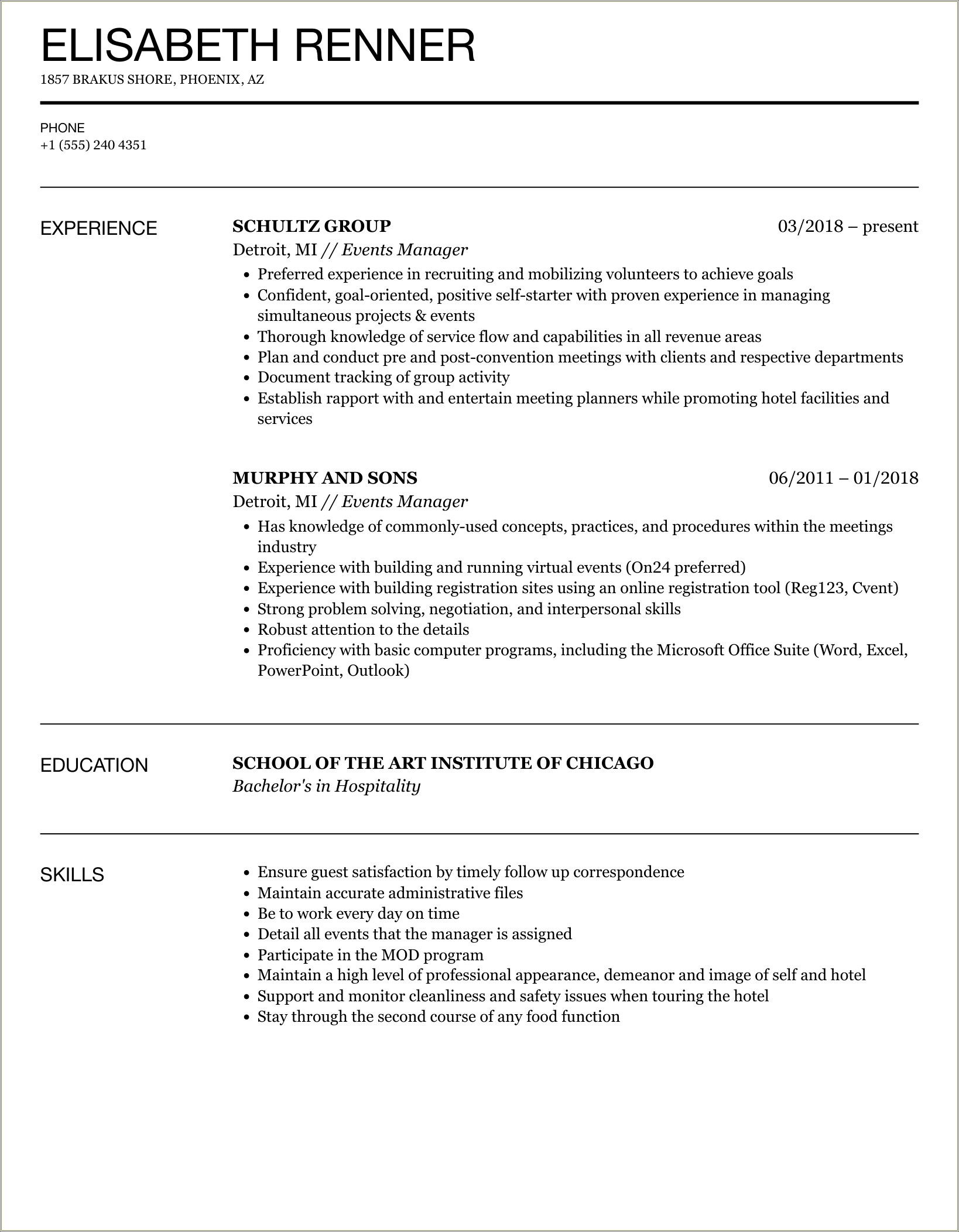 Resume Samples Event Managers 2018