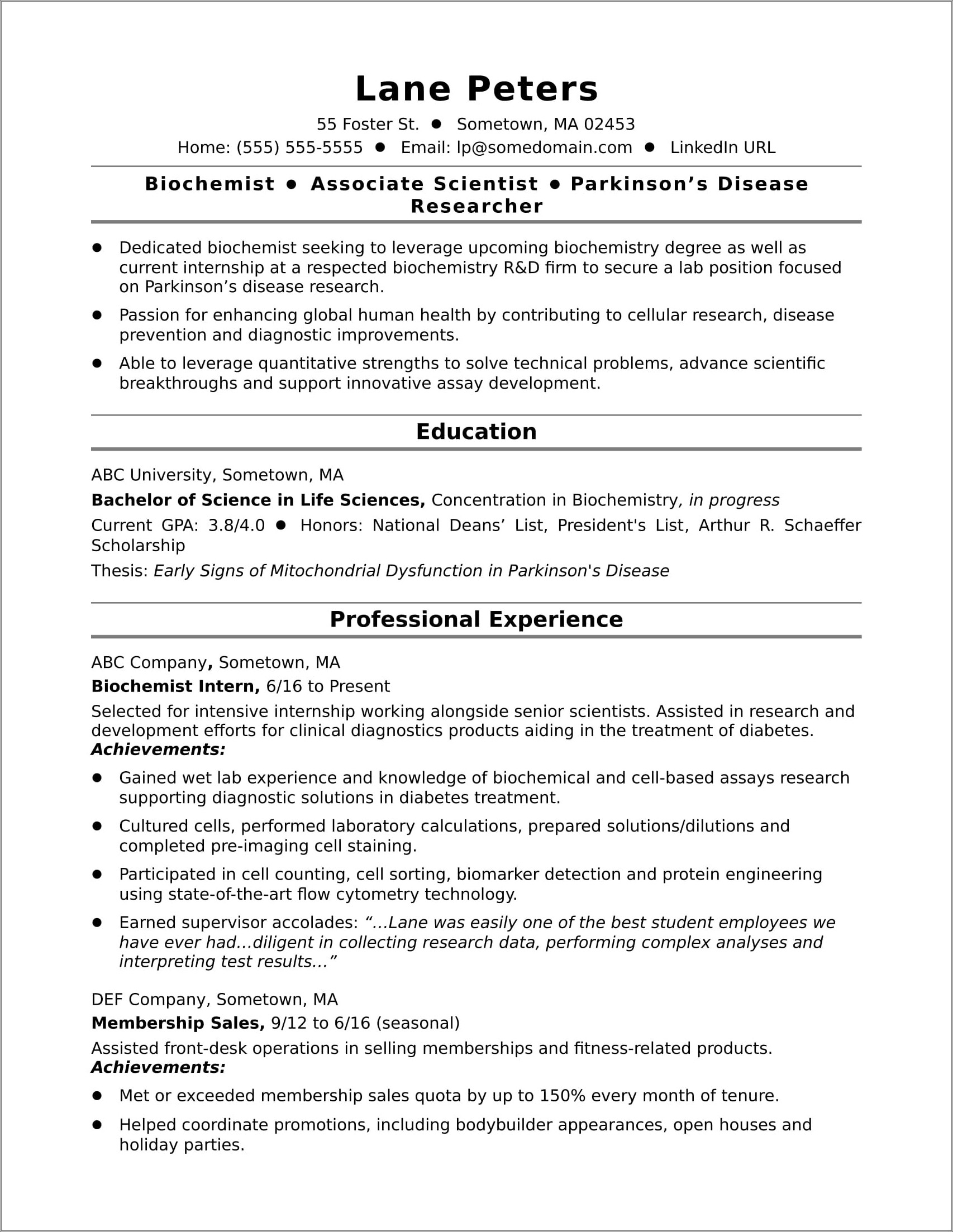 Resume Samples For Biotech Professionals
