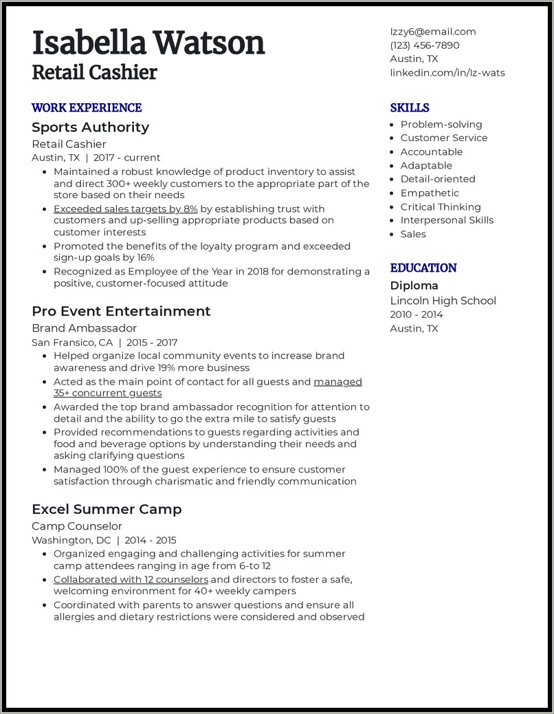 Resume Summary Examples For Cashier