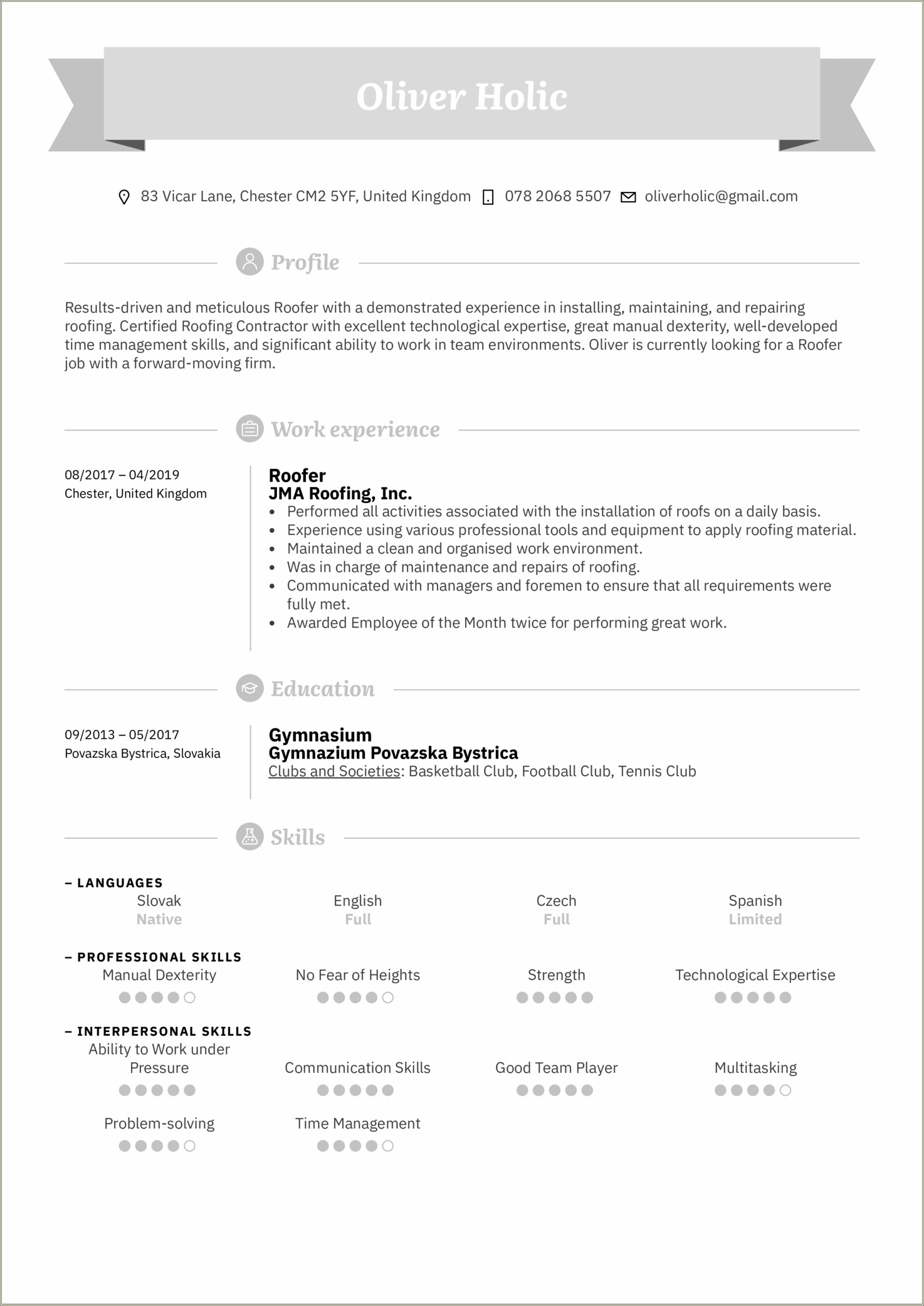 Roofing Supply Company Resume Sample