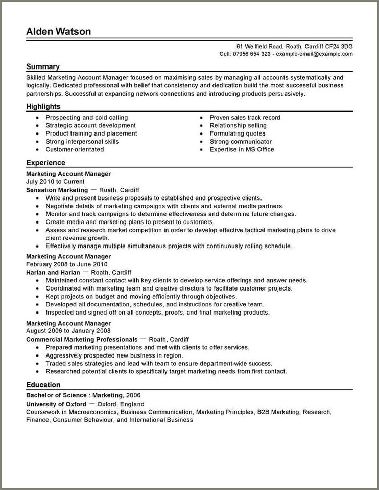 Sales Account Manager Job Resume