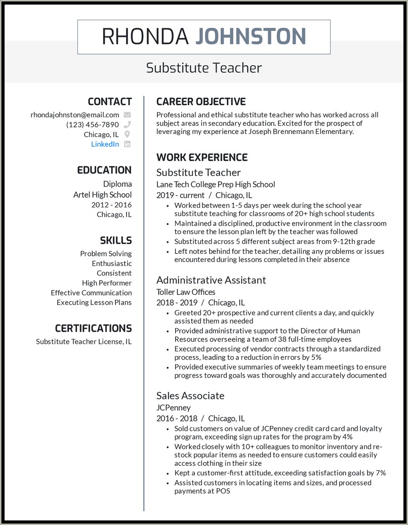 Sample 1st Grade Teacher Resume