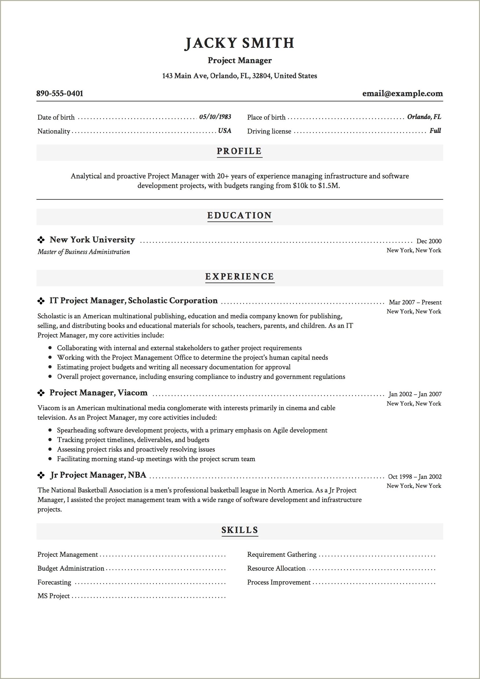 Sample Construction Operations Manager Resume