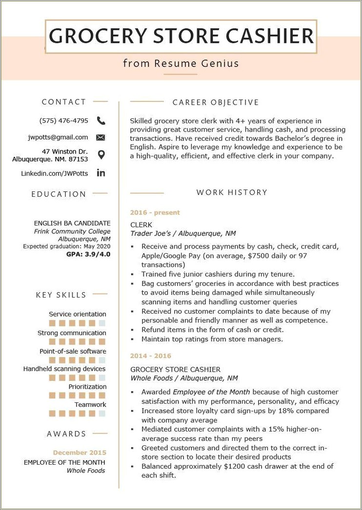Sample Grocery Store Cashier Resume