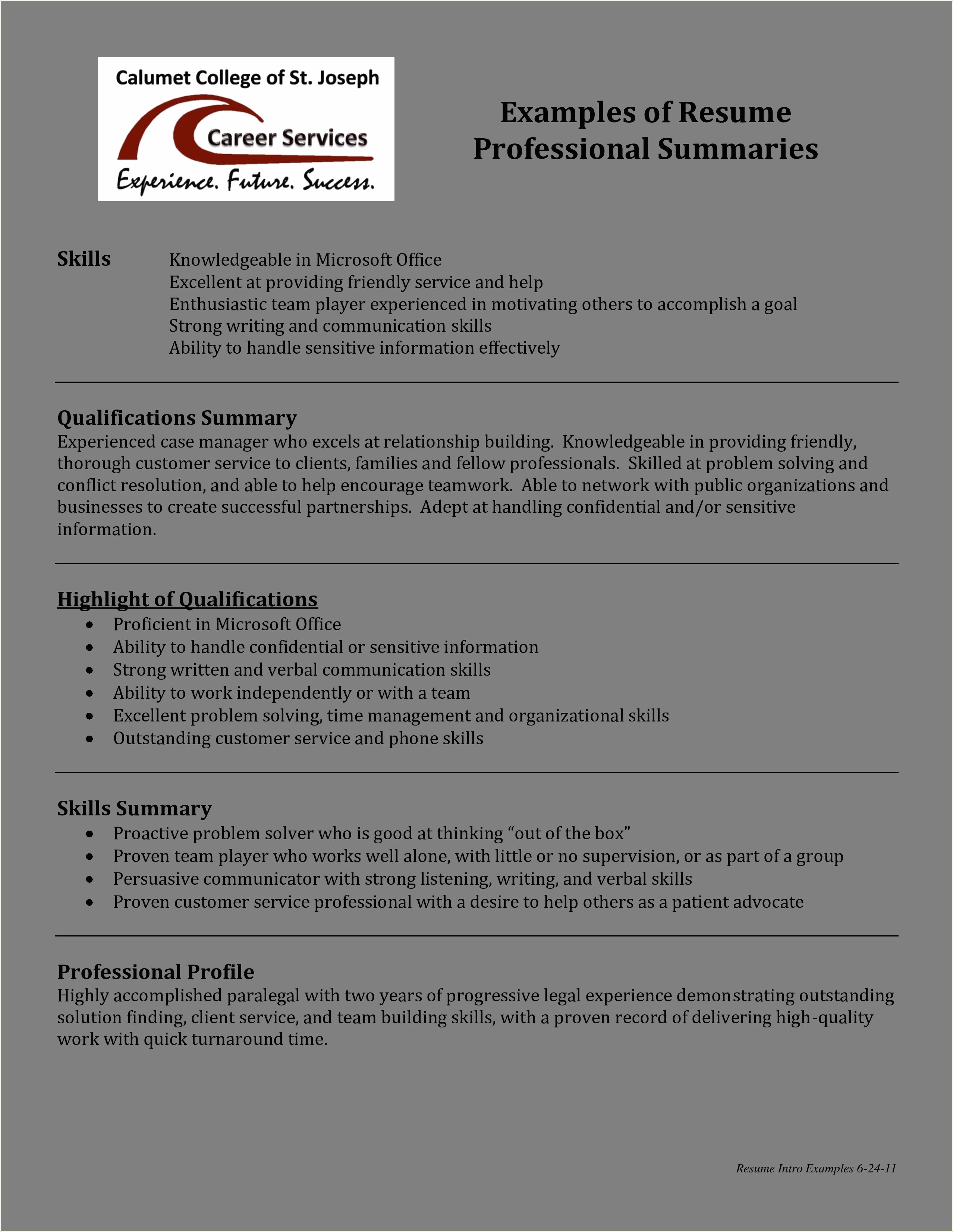 Sample It Professional Resume Summary