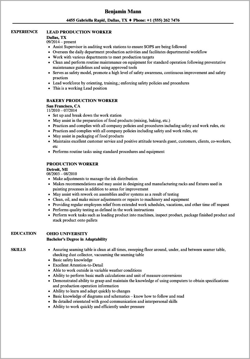 Sample Of Factory Worker Resume