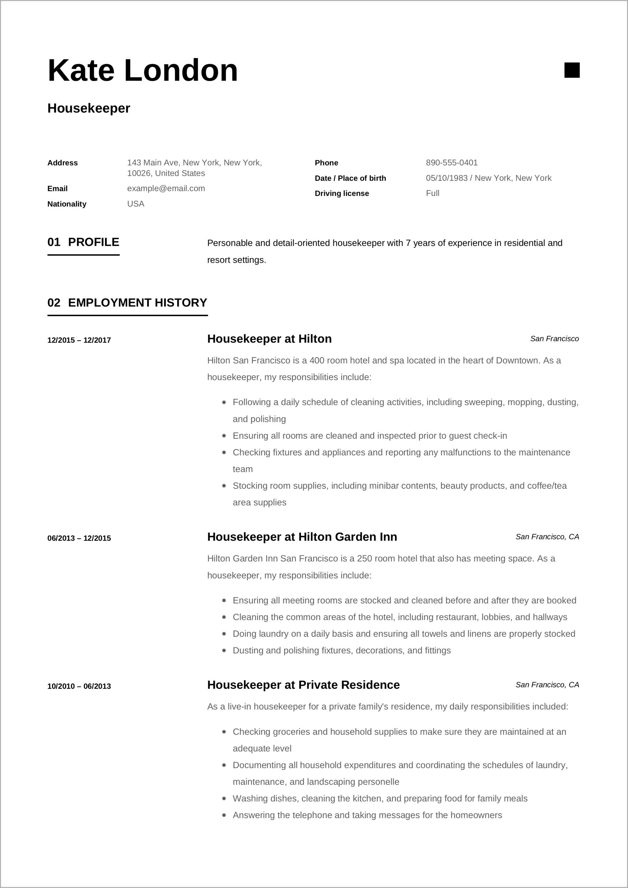 Sample Of Housekeeping Supervisor Resume