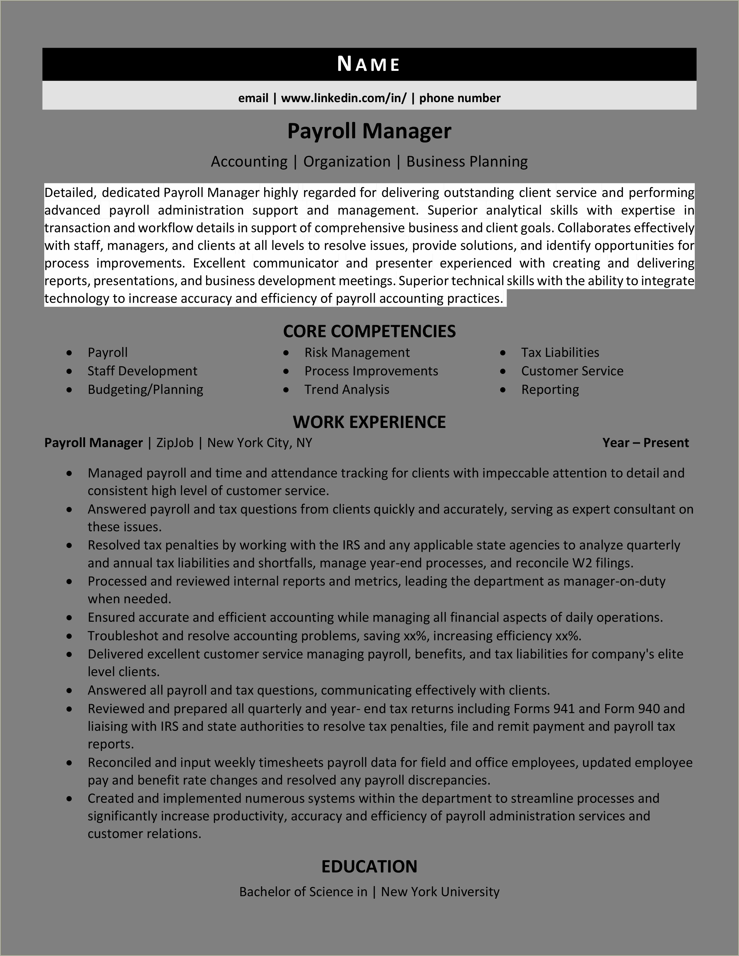 Sample Of Payroll Coordintor Resume