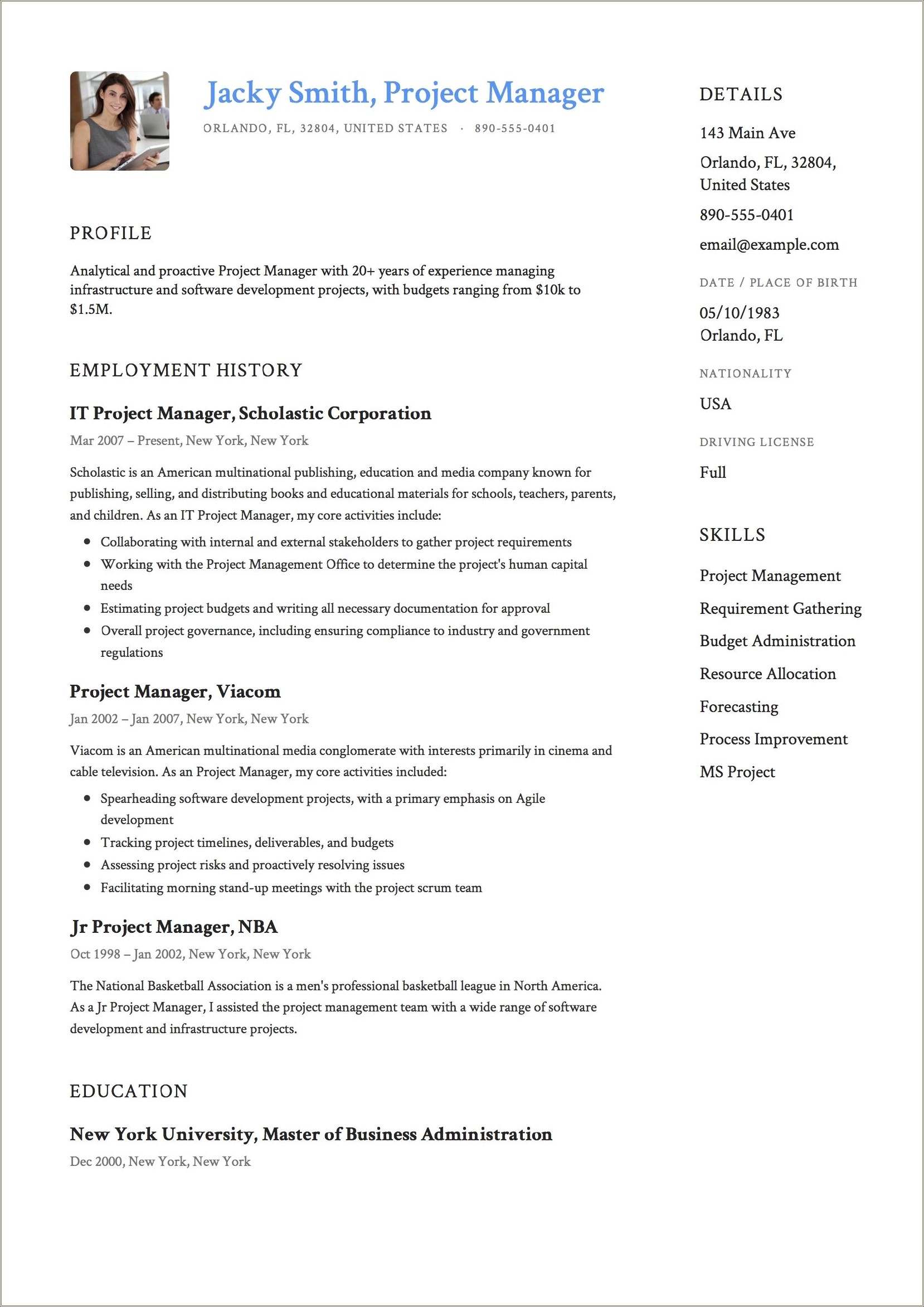 Sample Resume Assistant Project Manager