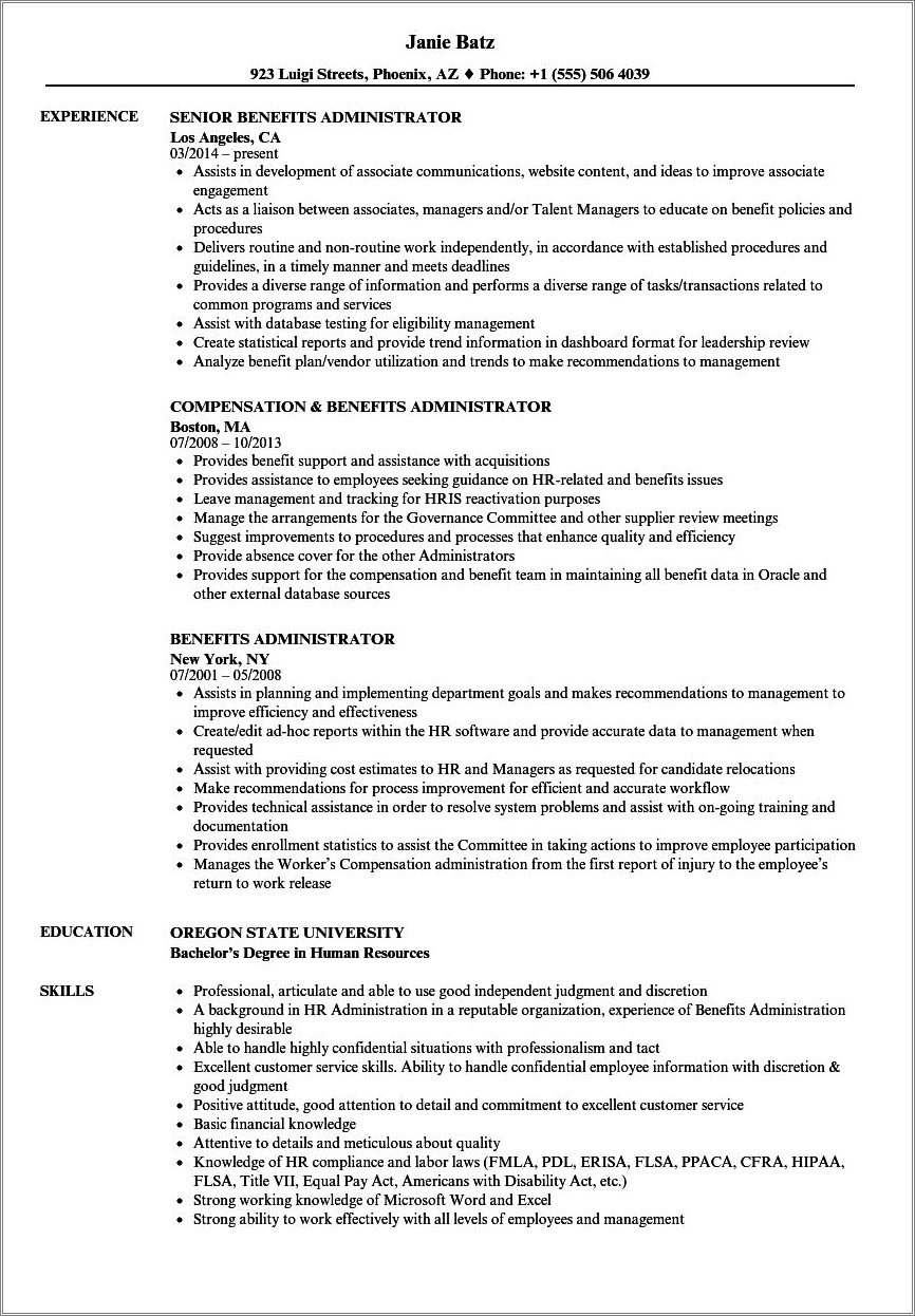 Sample Resume For Benefits Analyst