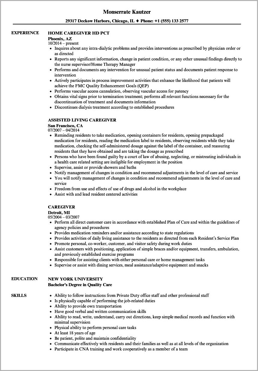 Sample Resume For Caregiver Job