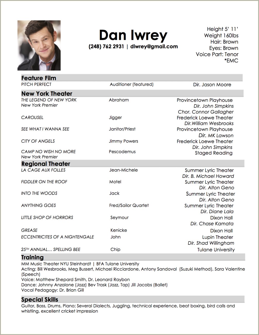 Sample Resume For Casting Call