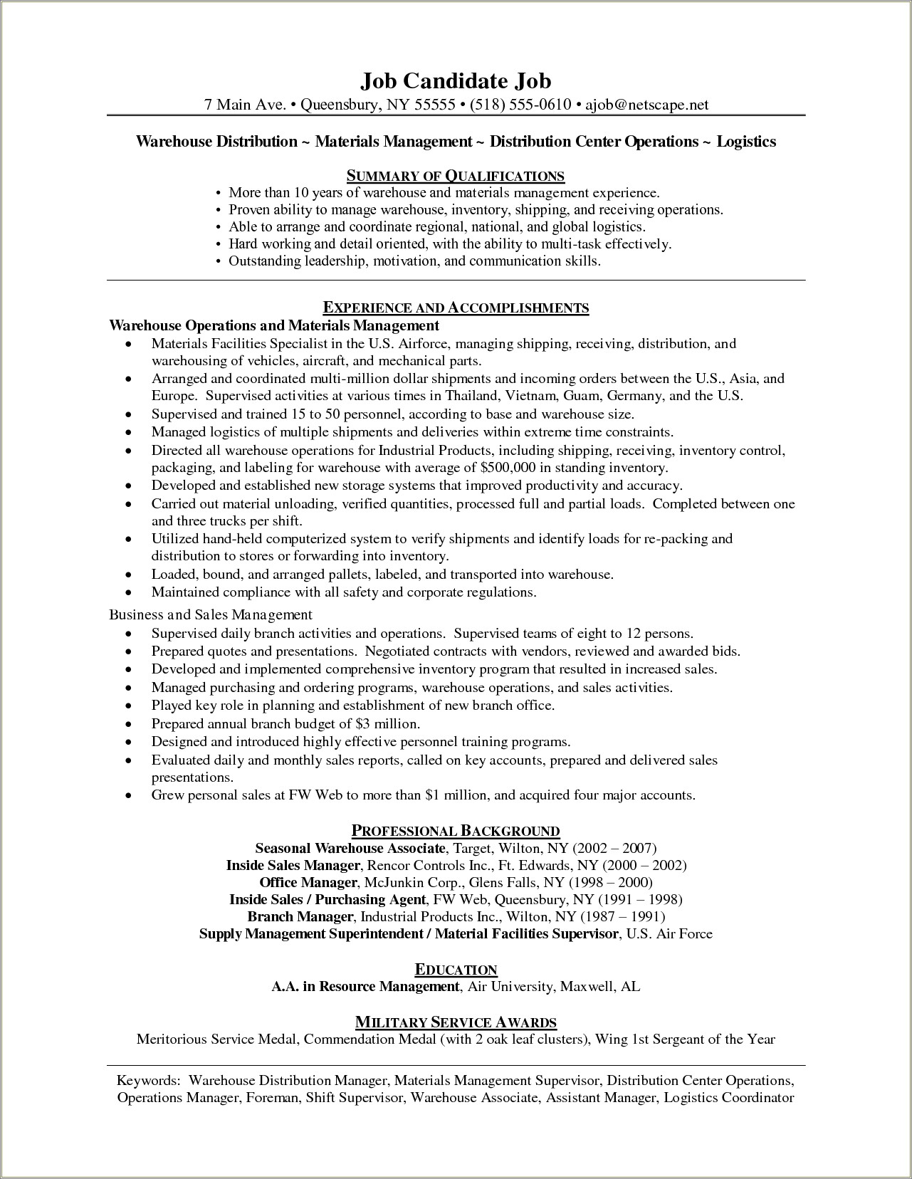 Sample Resume For Distribution Center