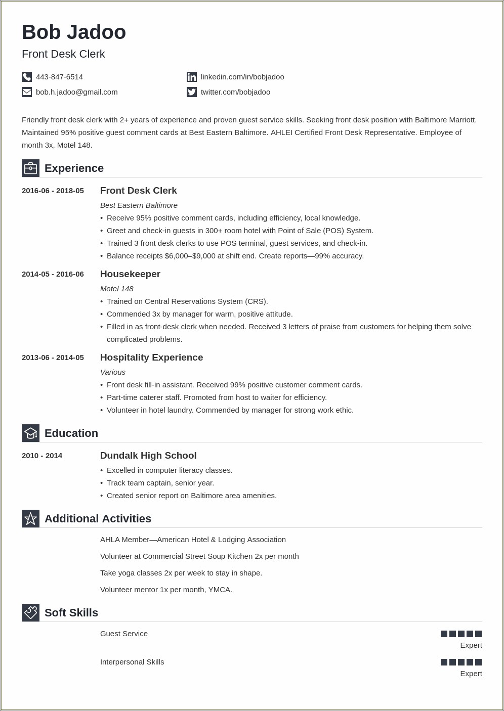 Sample Resume For Hospitality Industry