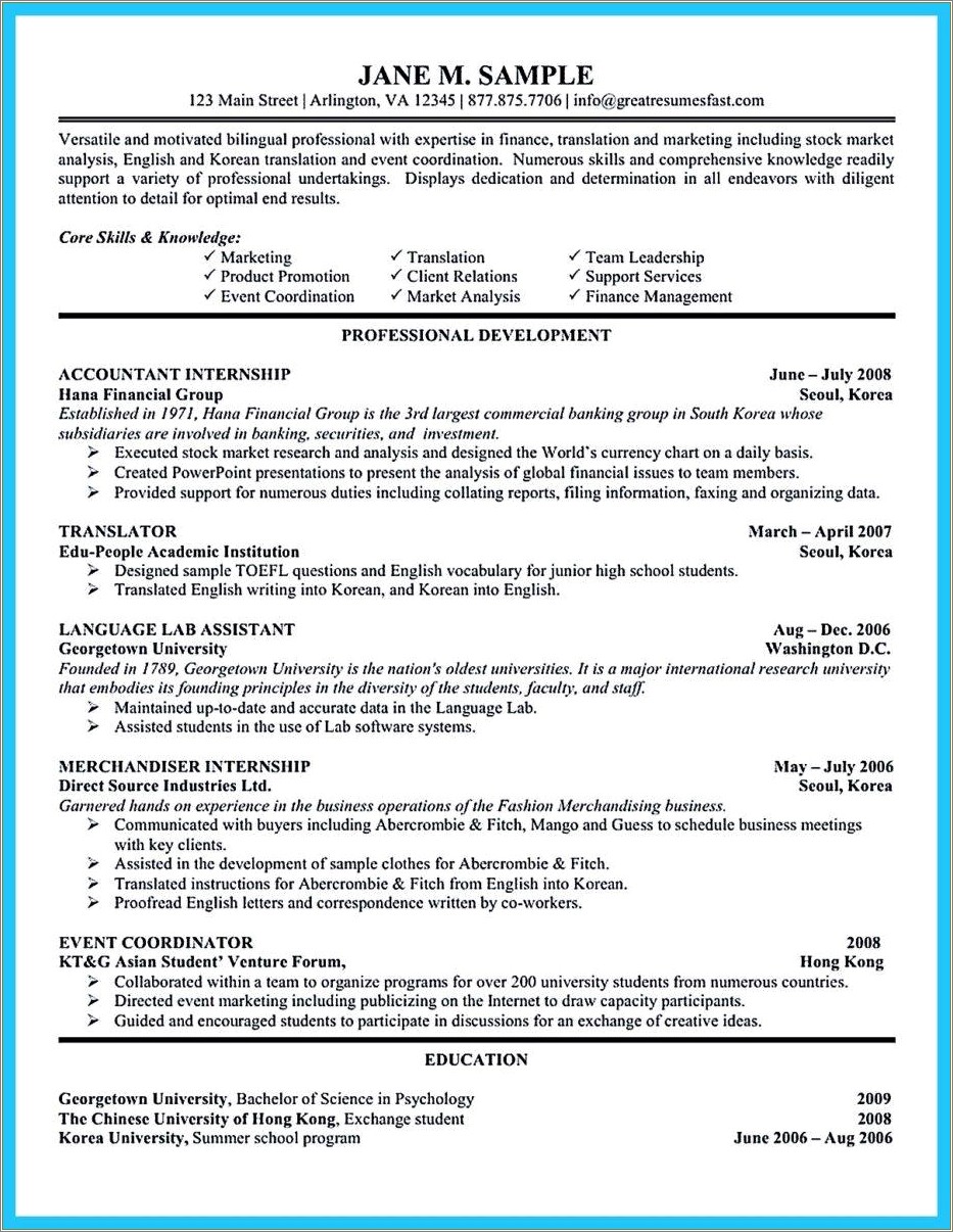 Sample Resume For Internship Accounting