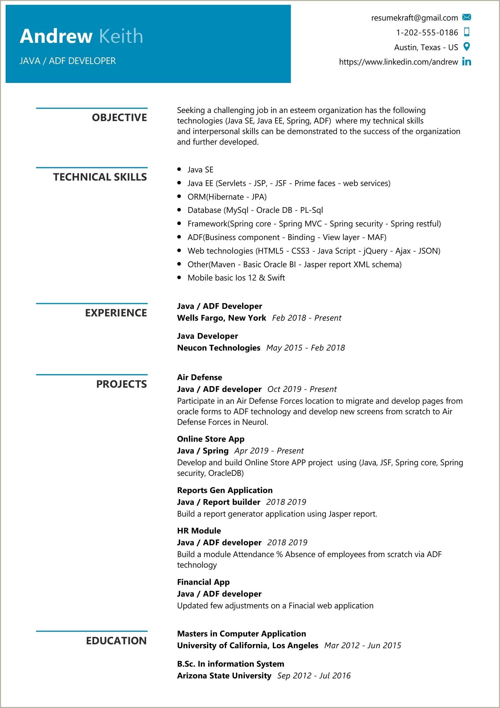 Sample Resume For Java Constructor
