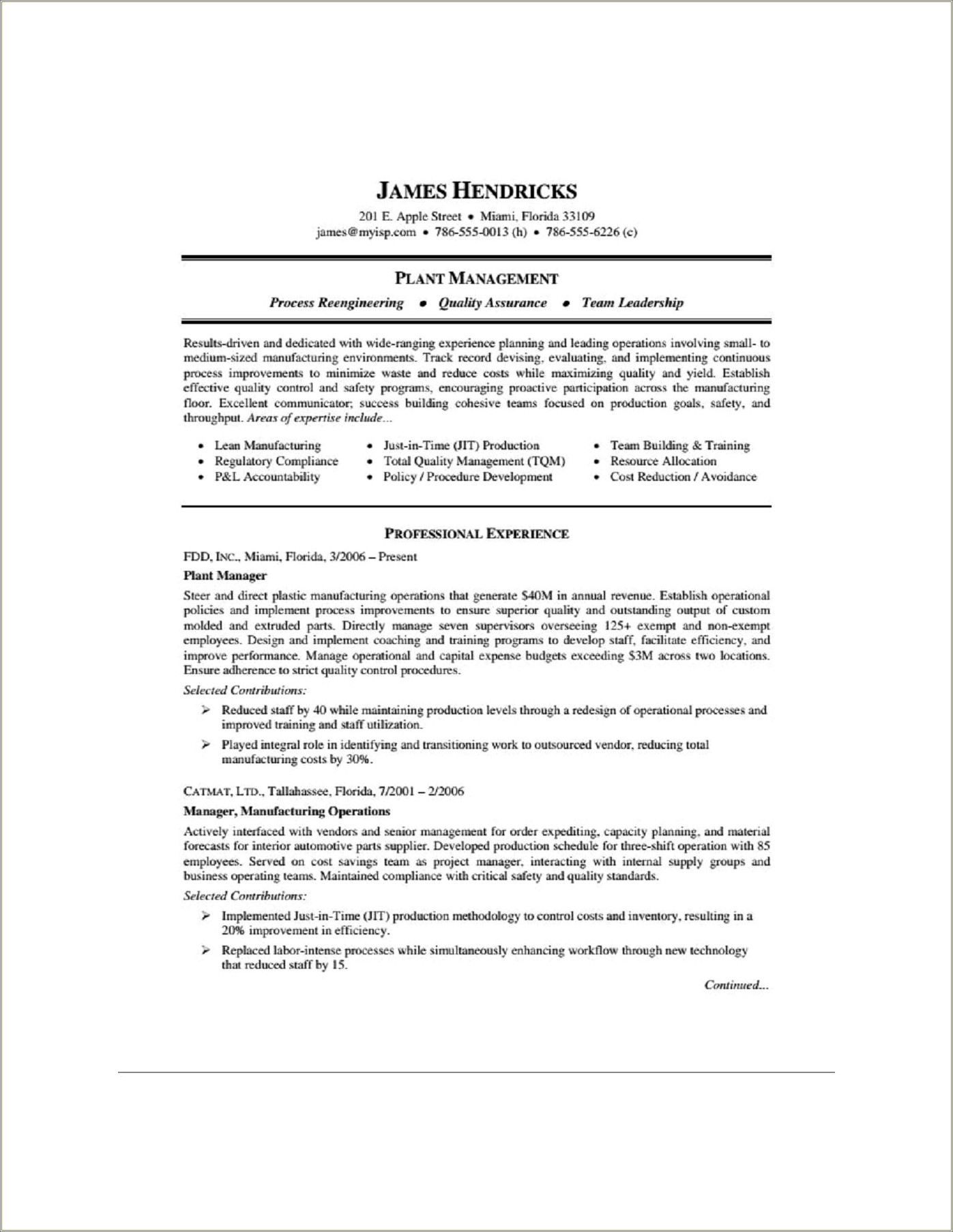 Sample Resume For Manufacturing Head