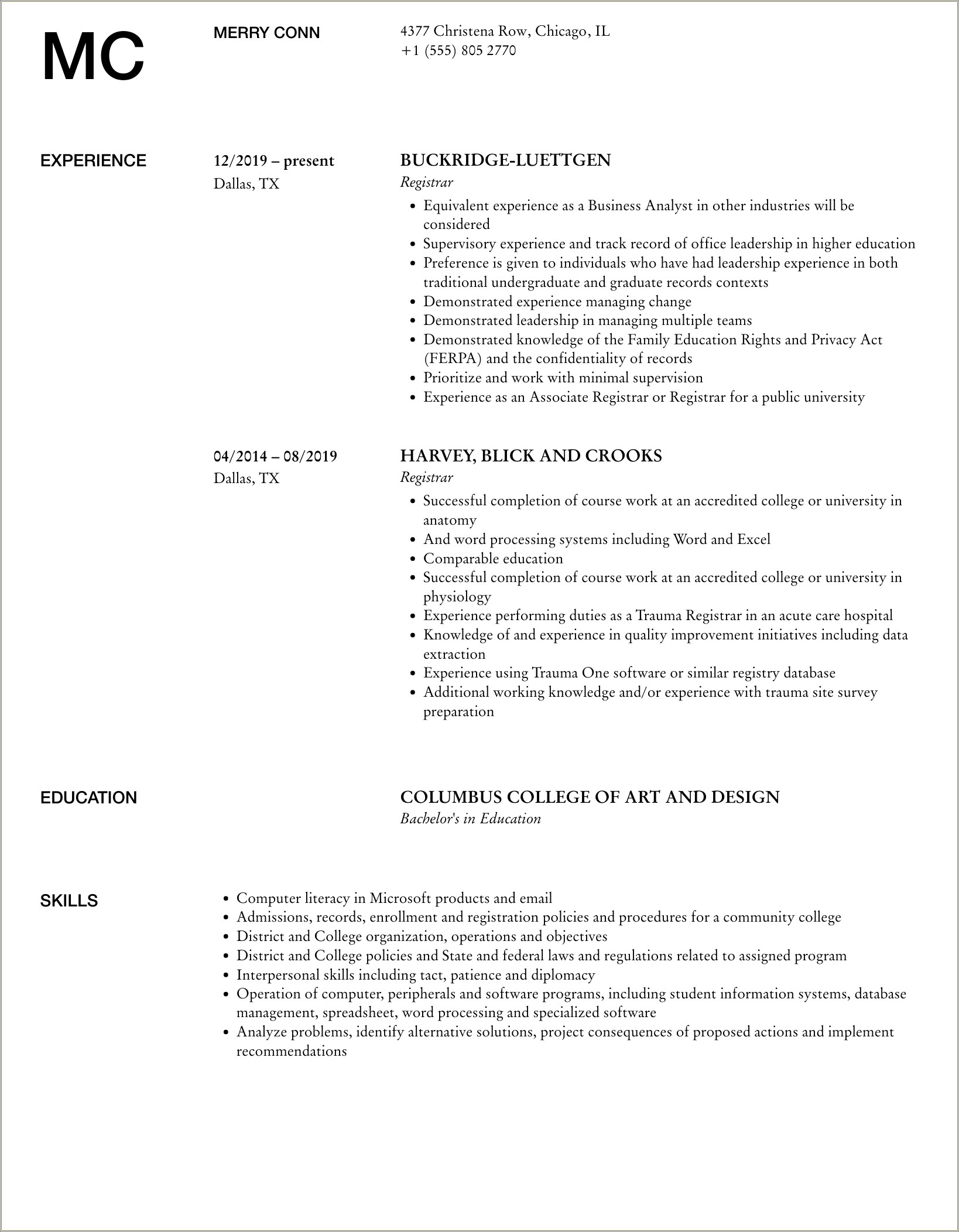 Sample Resume For Registrar Position