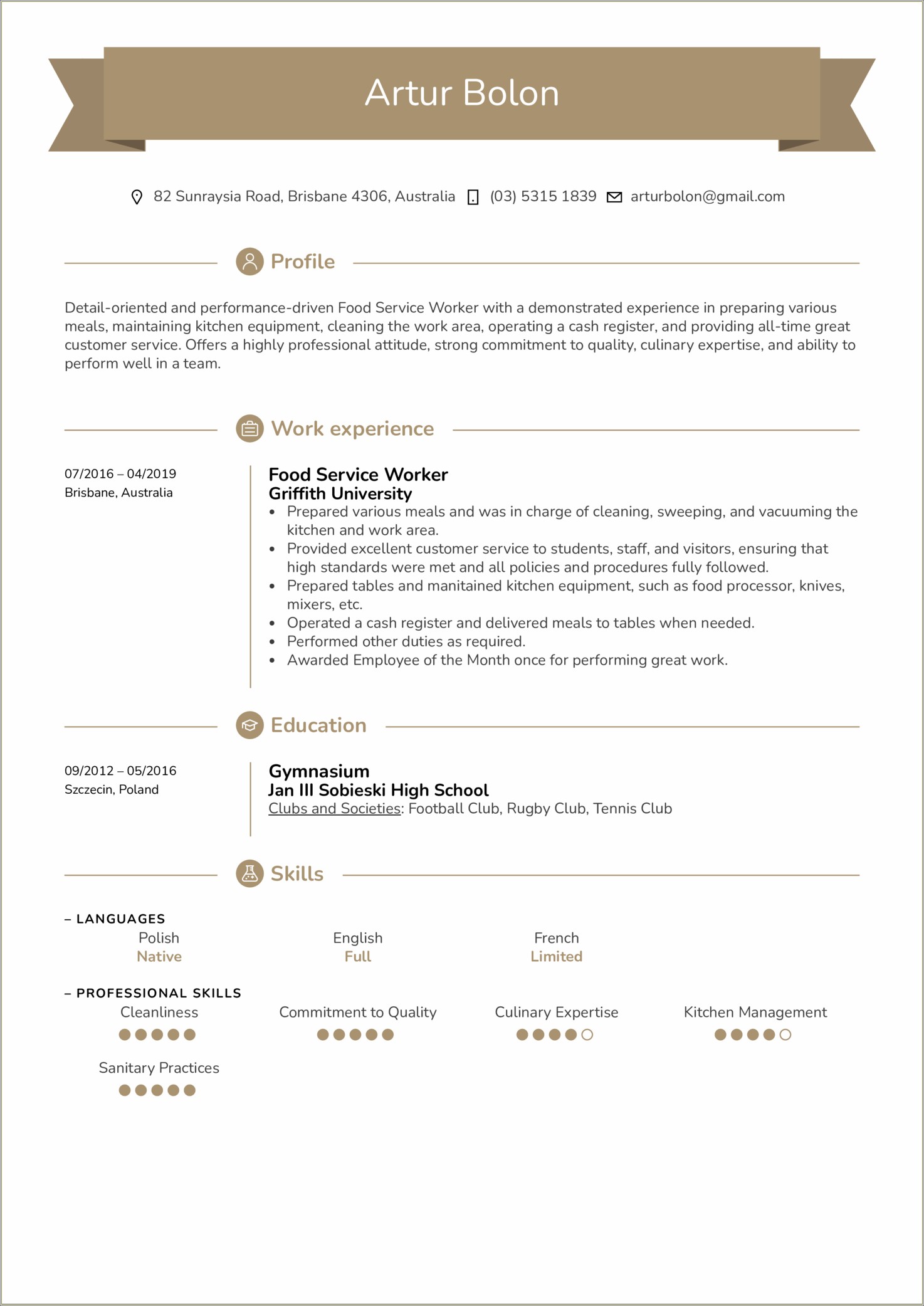 Sample Resume For Restaurant Employee