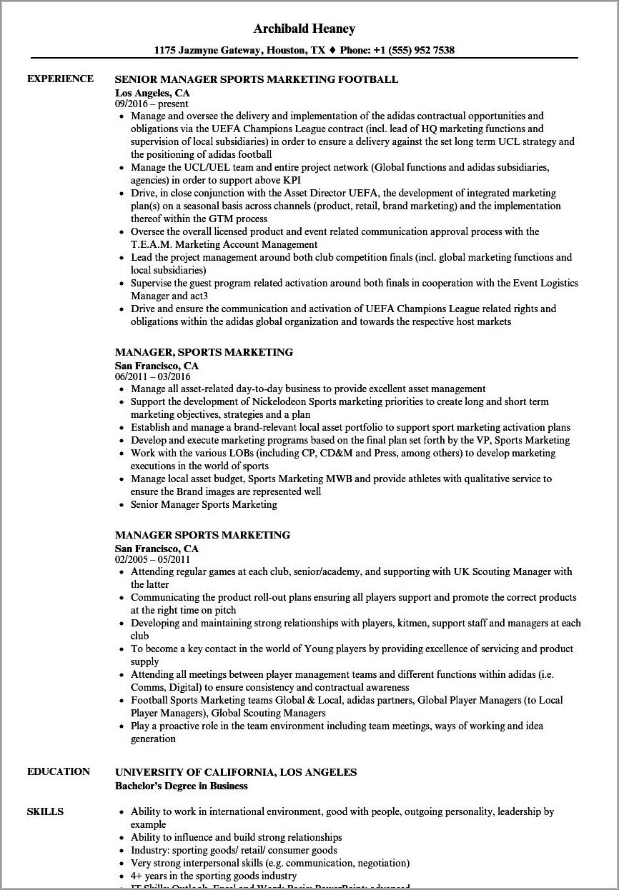 Sample Resume For Sports Jobs
