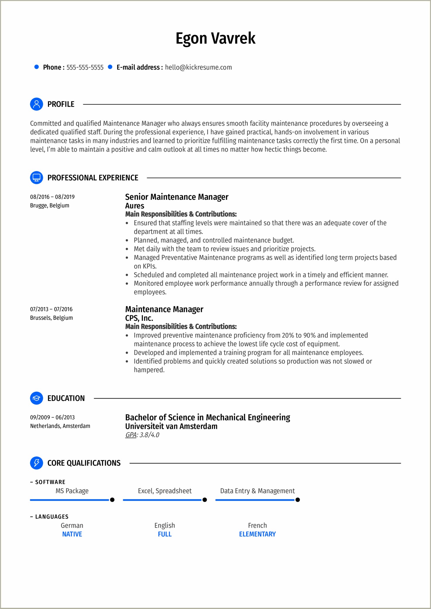 Sample Resume Maintenance Manager Supervisor