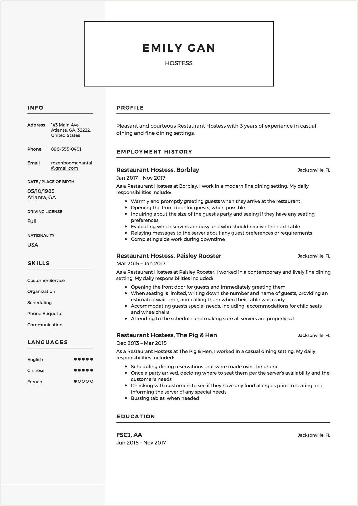 Sample Resume Restaurant Hostess Skills
