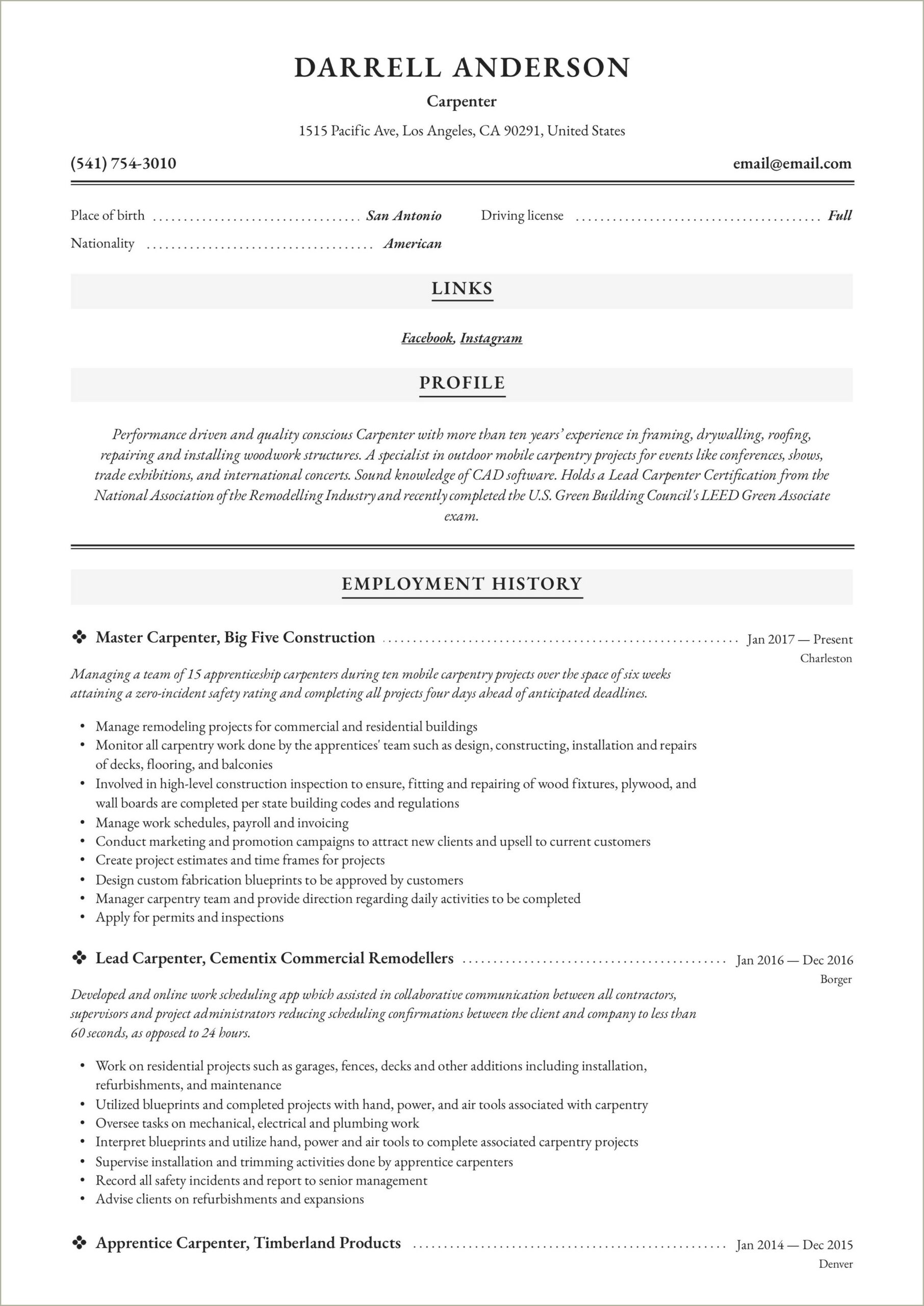 Sample Resumes For Carpentry Position