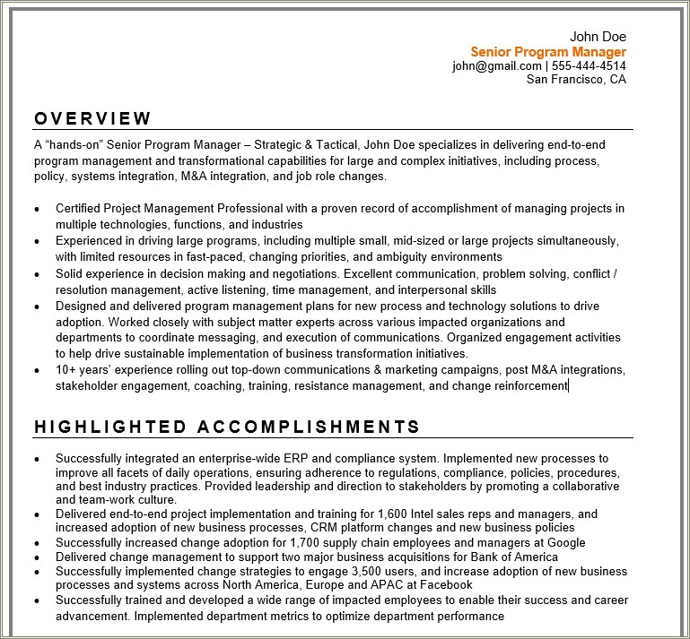 Senior It Project Manager Resume
