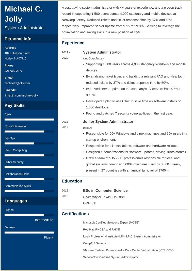 Solaris System Administration Sample Resume