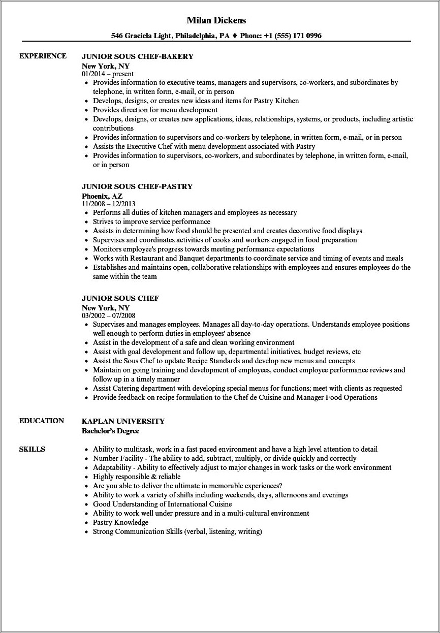 Sous Chef Resume Objective Examples