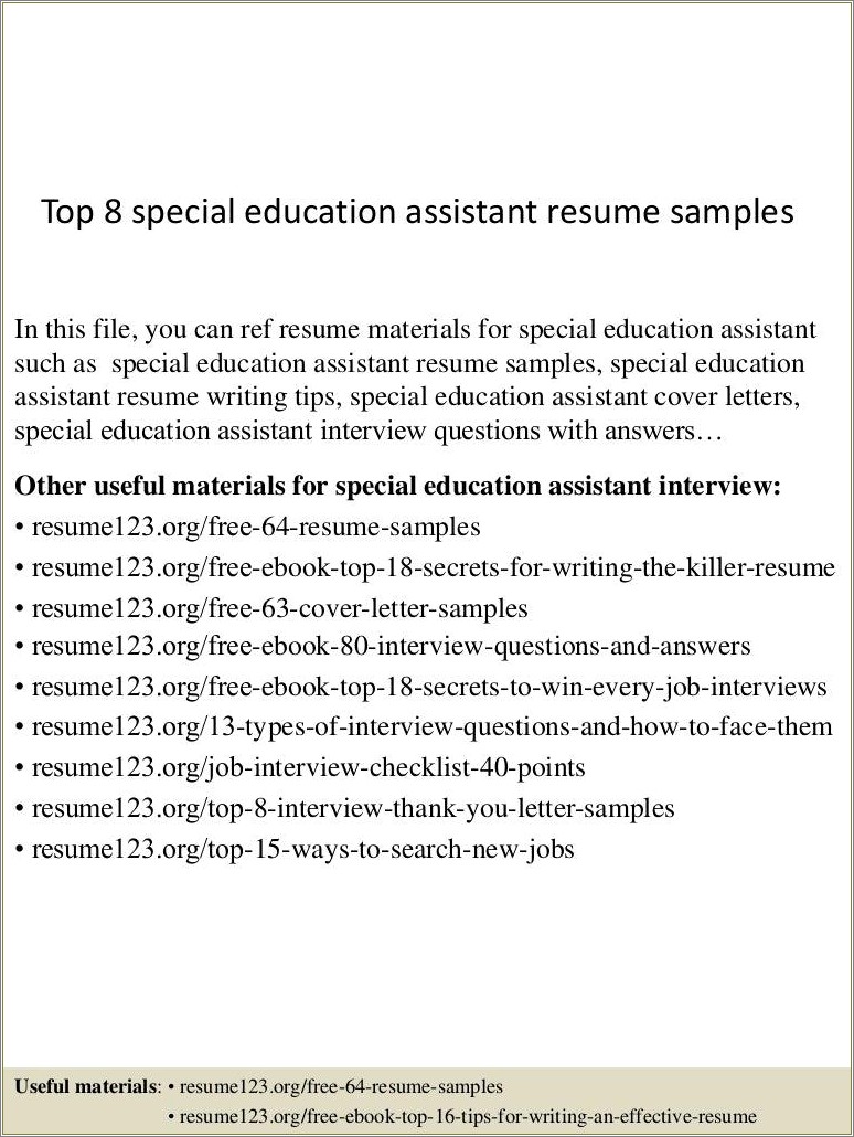 Special Needs Assistant Resume Samples