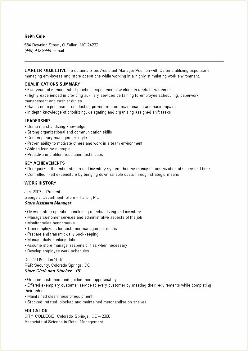 Store Retail Manager Resume Example