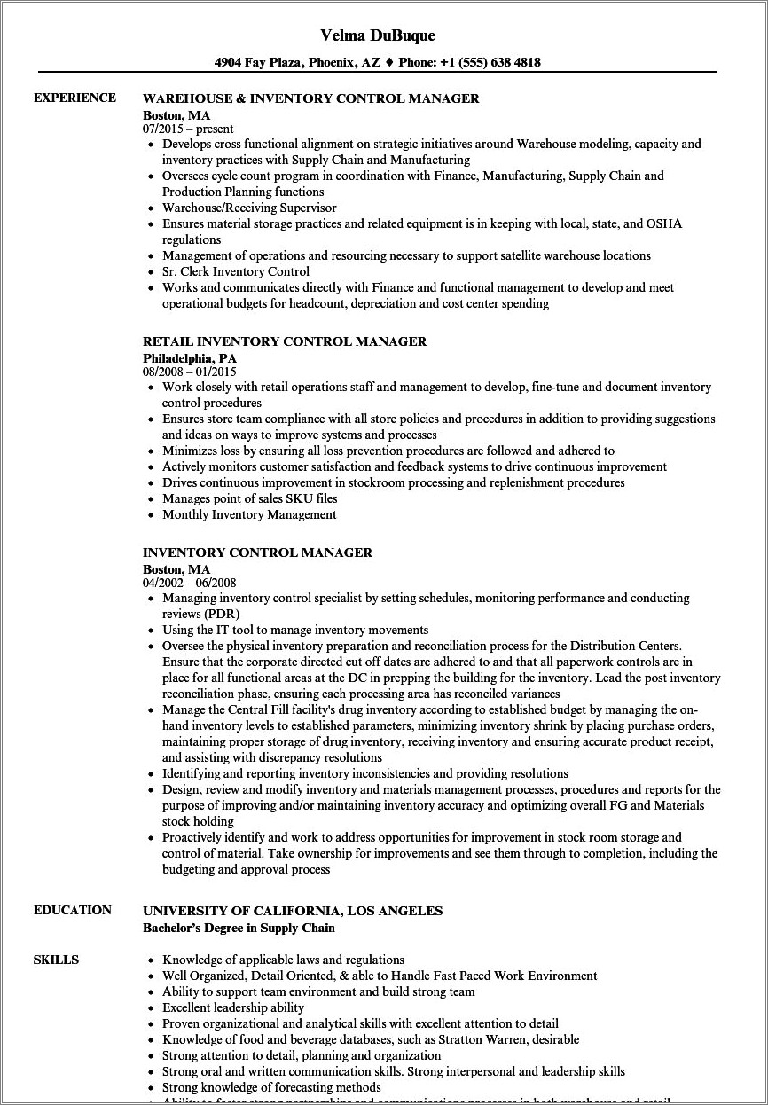 Supply Chain Inventory Management Resume