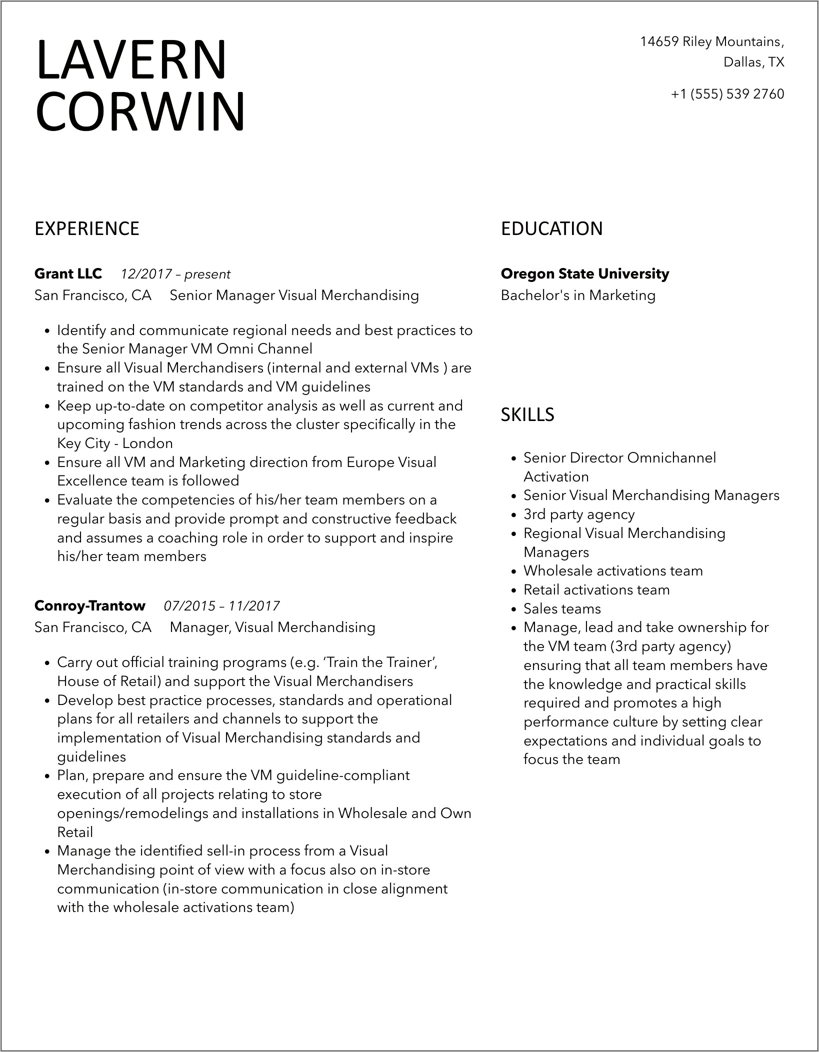 2017 Resume Visual Merchandiser Manager