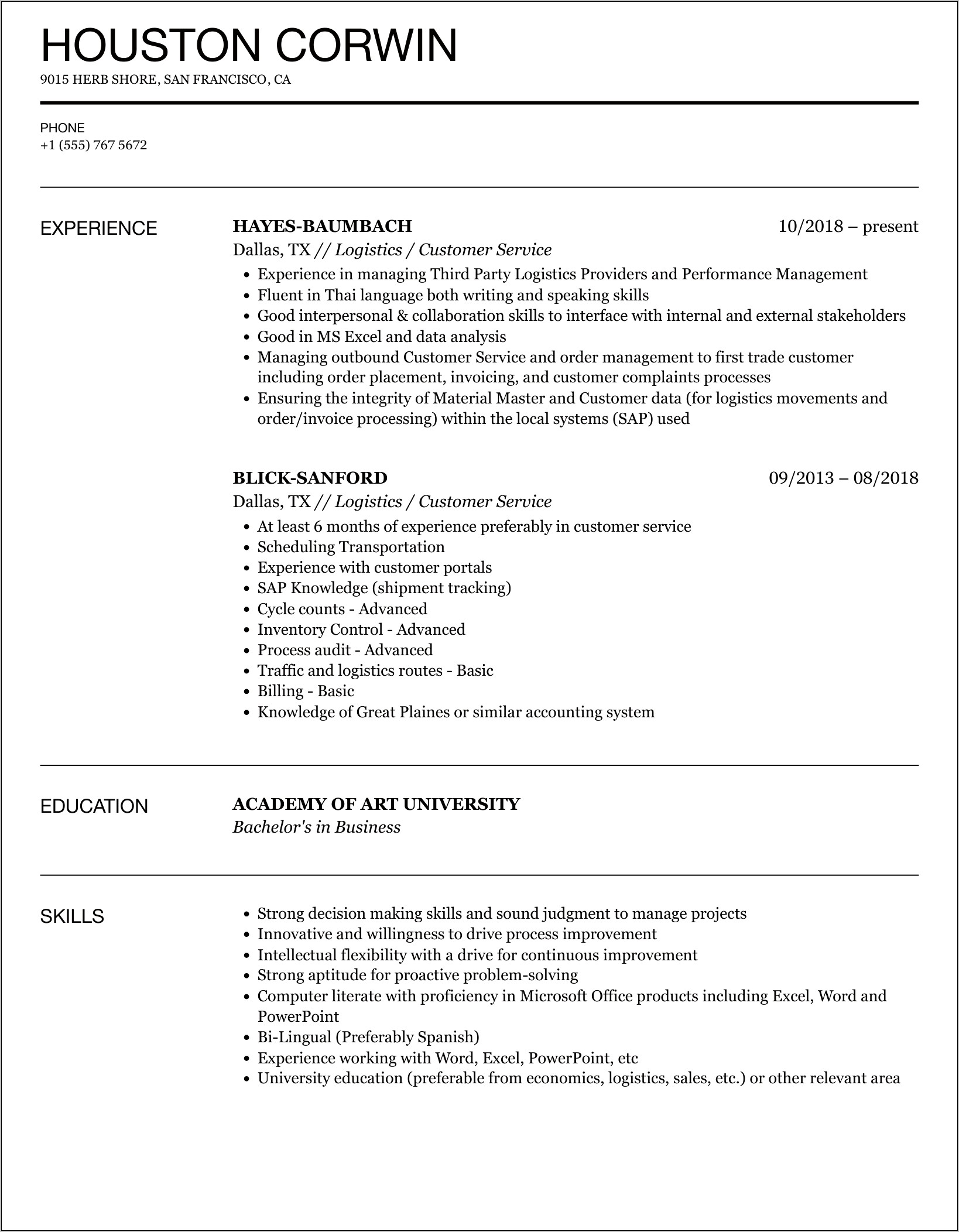 3rd Party Logistics Resume Sample