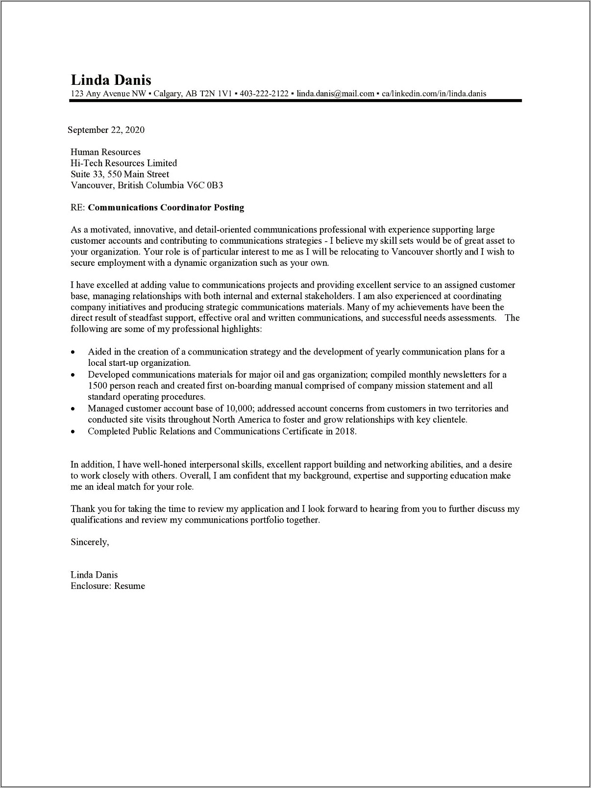 A Sample Resume Cover Letter