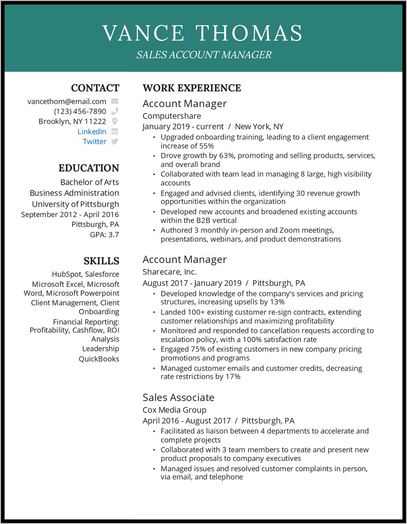 Account Manager Resume Objective Sample