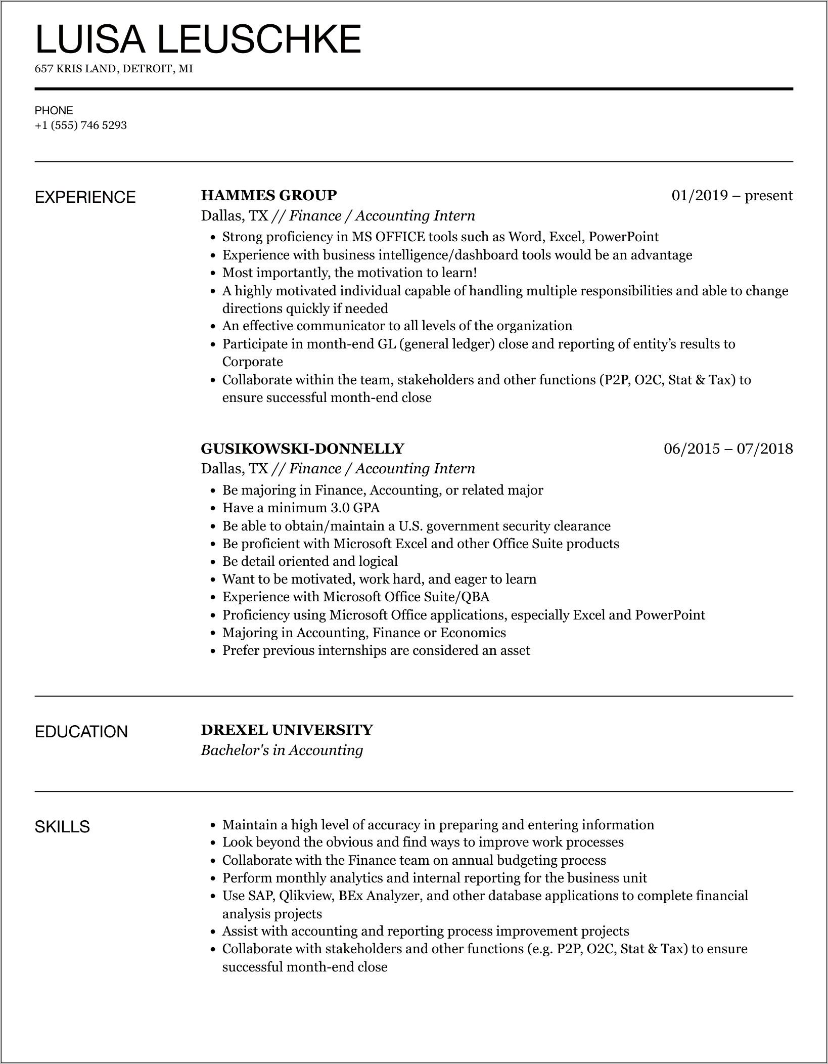 Accounting Resume Intern Resume Examples