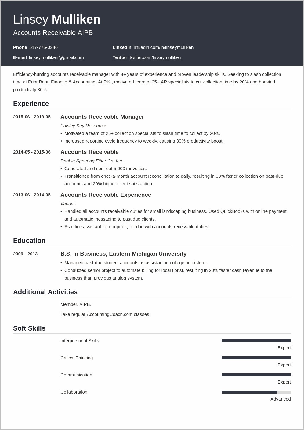 Accounts Receivable Manager Resume 2018