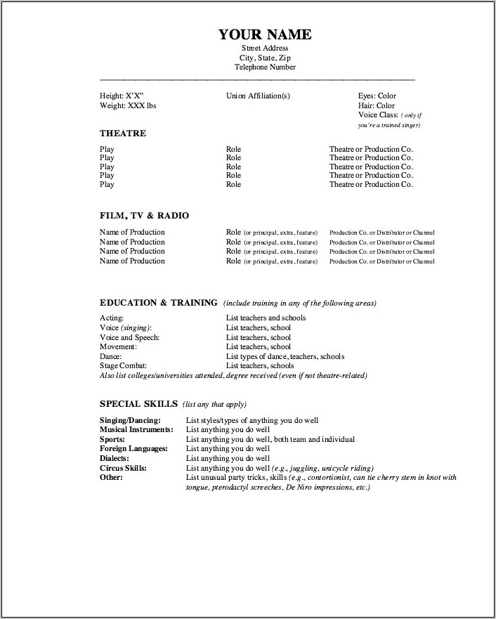Acting Resume Print Model Examples