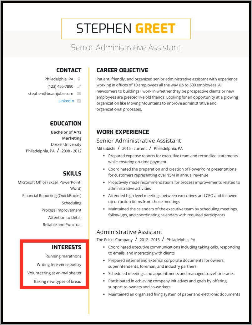 Activities Section On Resume Example