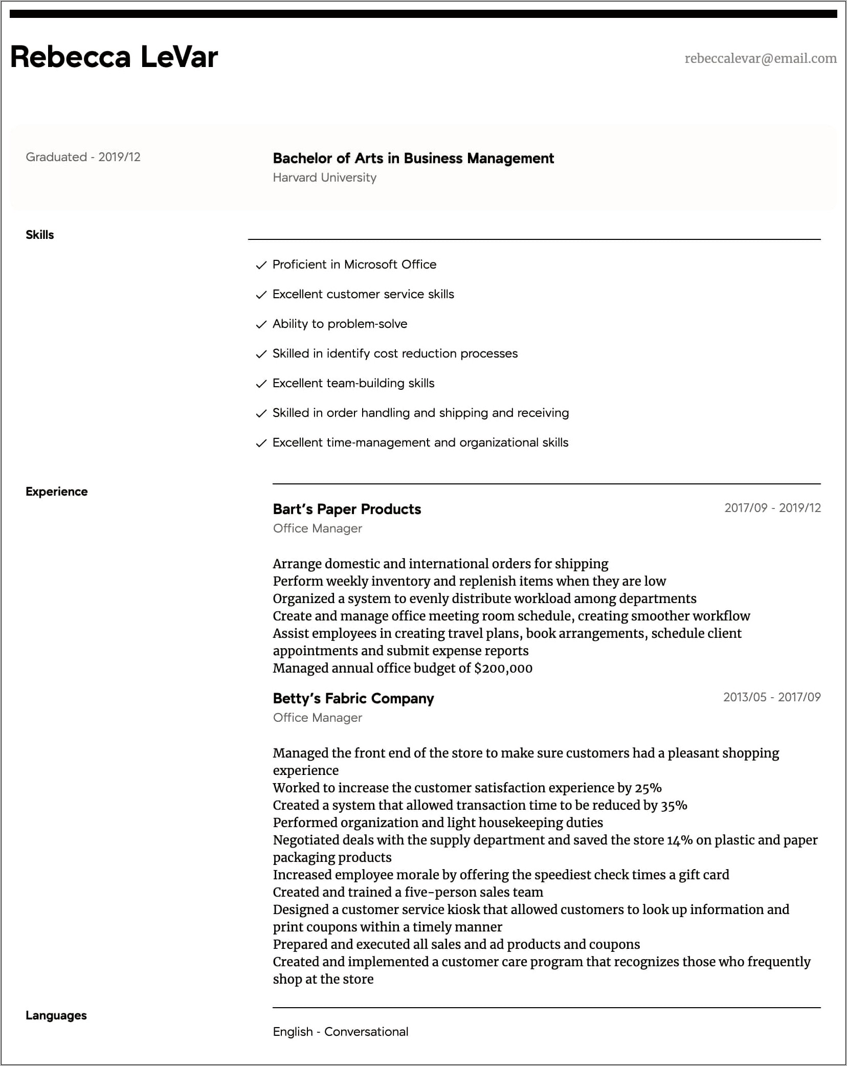 Administrative Office Manager Summary Resume
