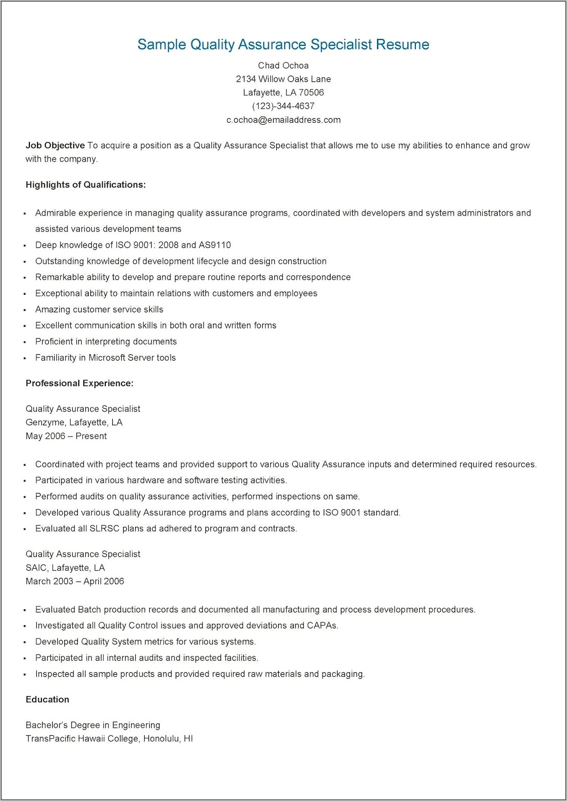 Air Quality Specialist Resume Sample