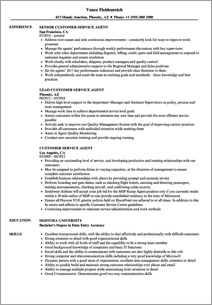Airline Customer Service Resume Examples