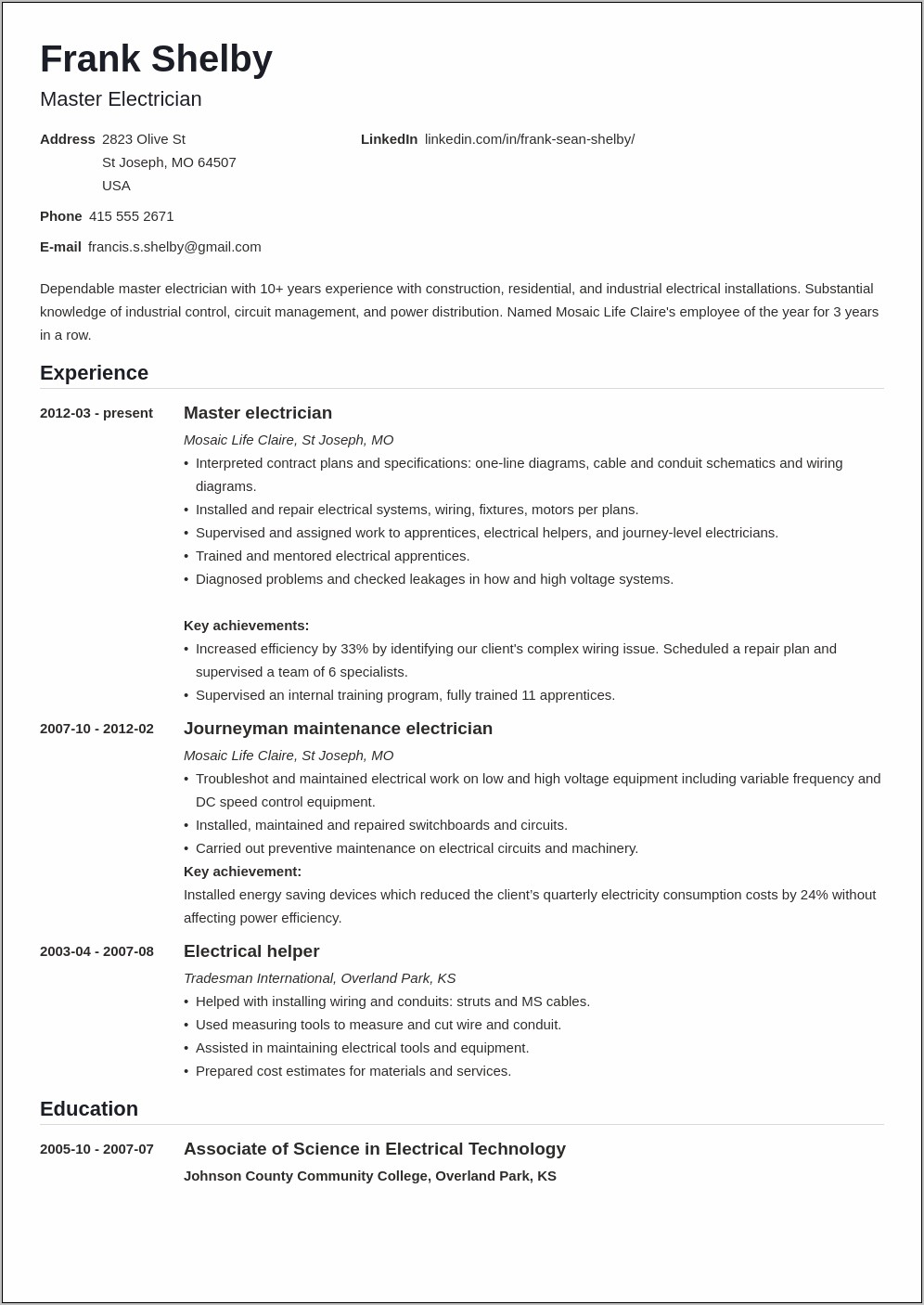 Apprentice Electrician Mate Resume Examples