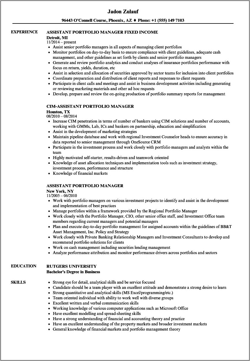 Asset Management Portfolio Manager Resume