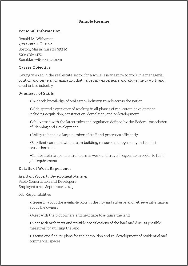 Assistant Property Development Manager Resume