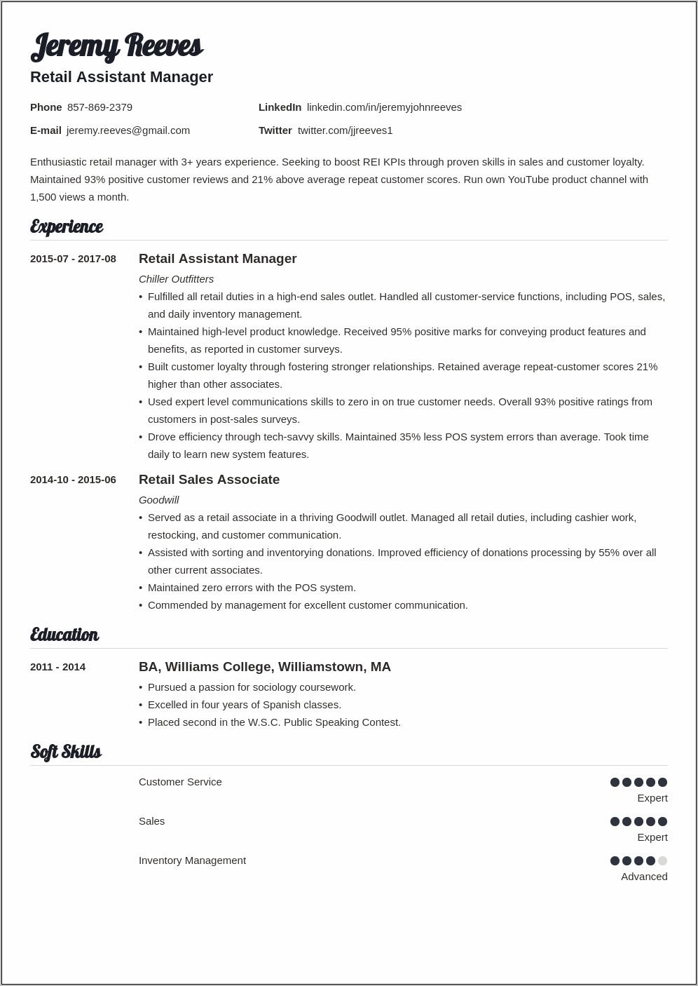 Assistant Store Manager Description Resume