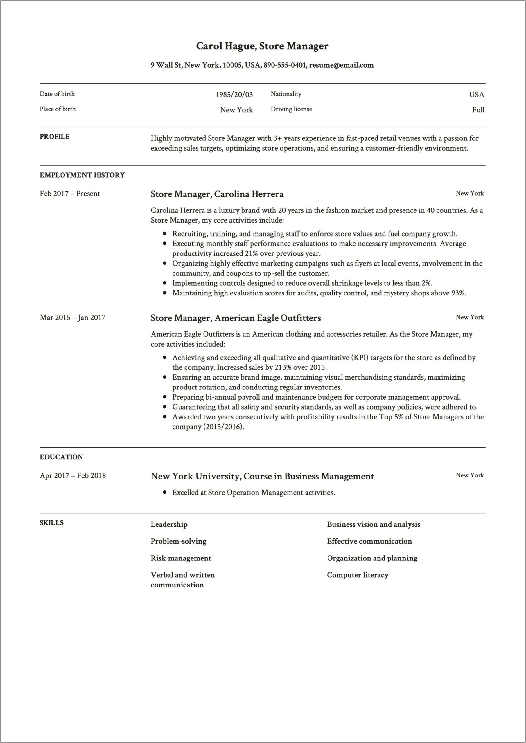 Assistant Store Manager Resume Pdf